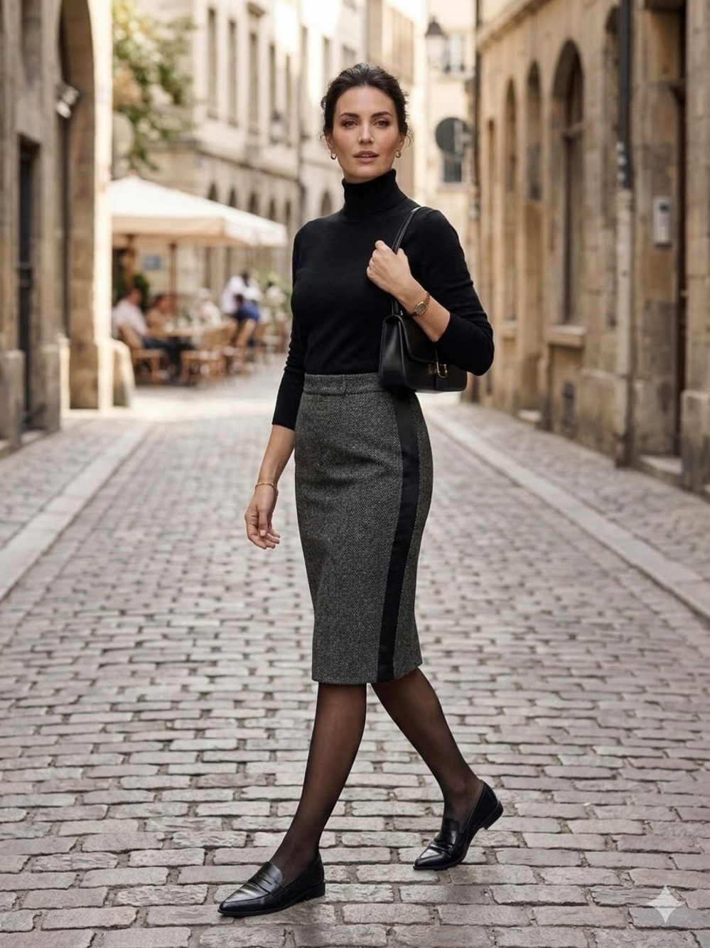 Dolce & Gabbana Wool Herringbone Pencil Skirt with Satin Tuxedo Side Stripe
